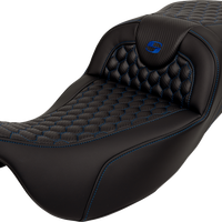 SADDLEMEN RoadSofa™ Seat - Honeycomb - Blue Stitch - Extended Reach - without Backrest - FLH/FLT '08-'24 808-07B-19001