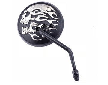 34-0015 - Round Skull and Flame Mirror Set with One Piece Stems Black