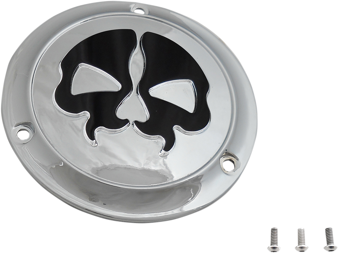1107-0548 - DRAG SPECIALTIES Derby Cover - Split Skull - 3 Hole - Chrome w/Black Skull - '70-'98 Big Twin 78045