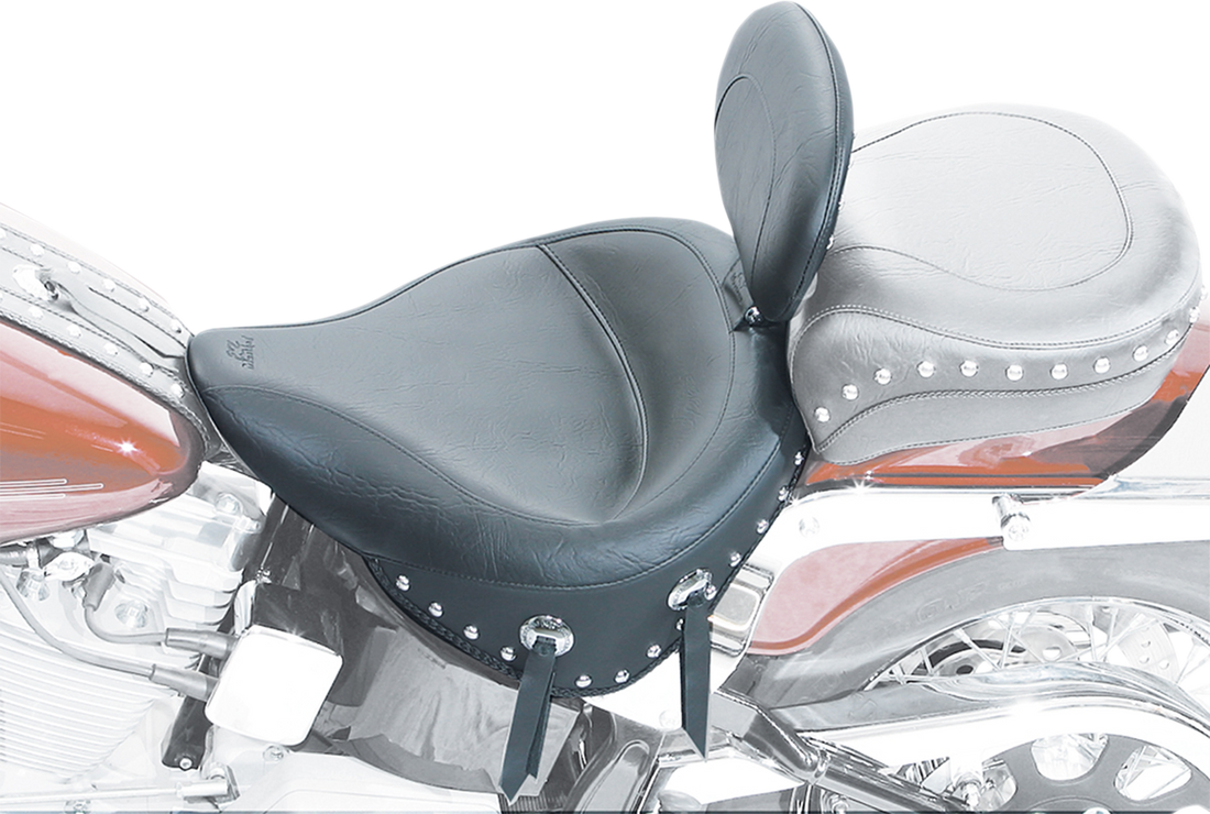 MUSTANG Wide Solo Seat - With Backrest - Black - Studded W/Concho - Softail '84-'99 79104