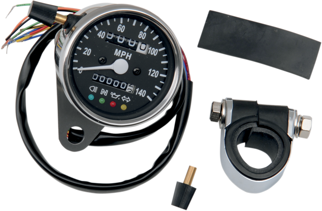 2210-0210 - DRAG SPECIALTIES MPH Mini Mechanical Speedometer with LED Indicators - Black Face - 2240:60 Ratio - 2.4" 21-6840LEDPB