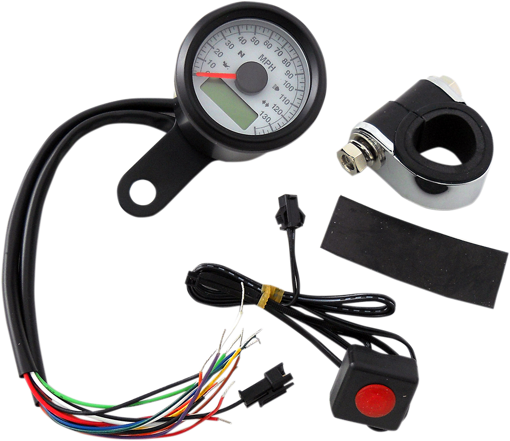 2210-0421 - DRAG SPECIALTIES Programmable Speedometer with Indicator Lights - Gloss Black - 120 MPH LED White Face - 1-7/8" 77902W