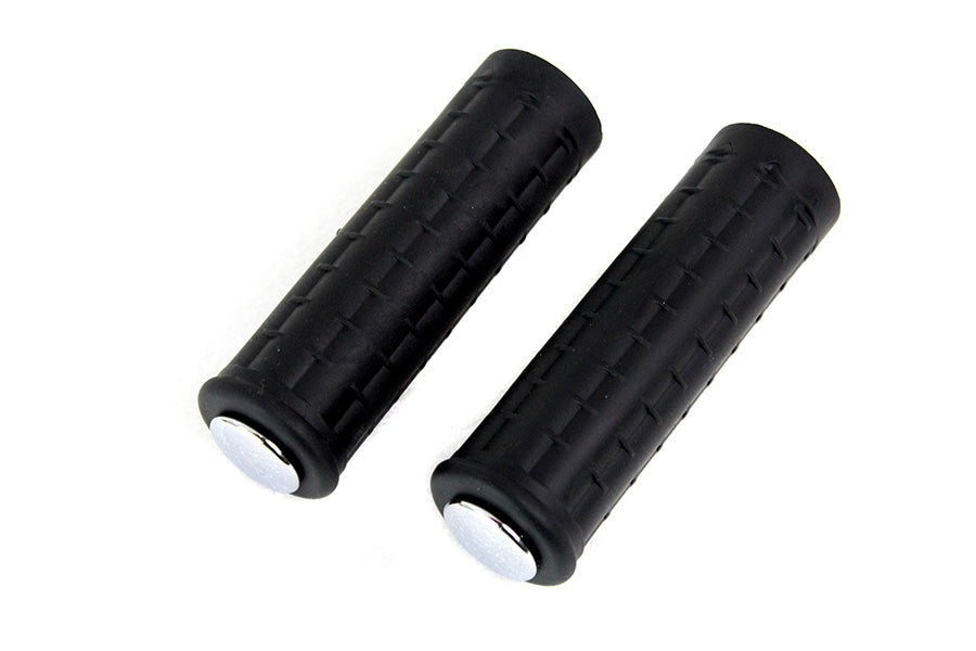 28-0763 - Replica Black Waffle Handlebar Grip Set with Chrome Plugs by V-Twin
