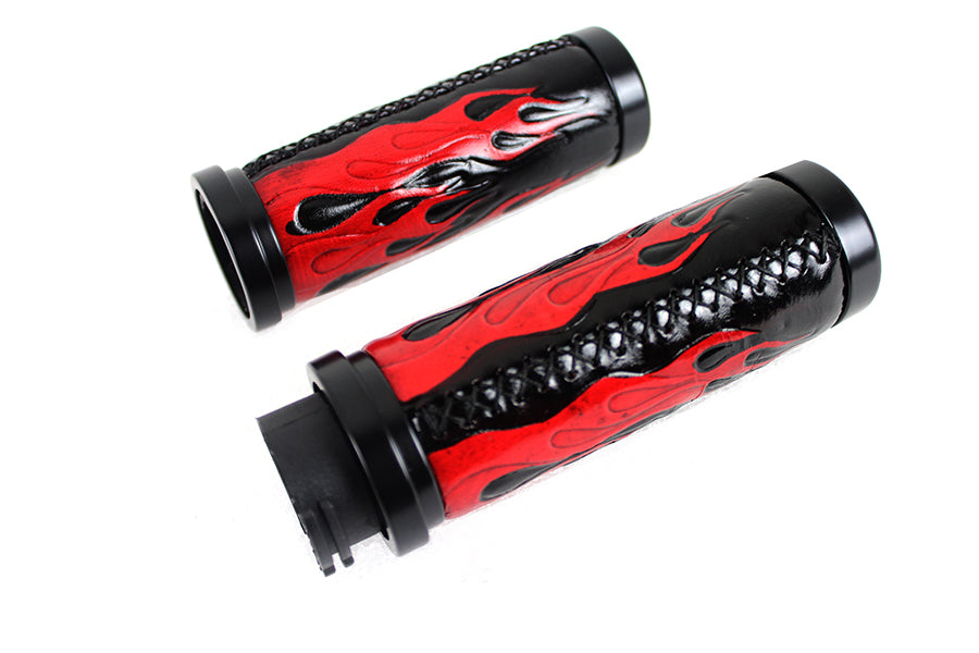28-0890 - Red Flame Style Grip Set with Black Ends by V-Twin