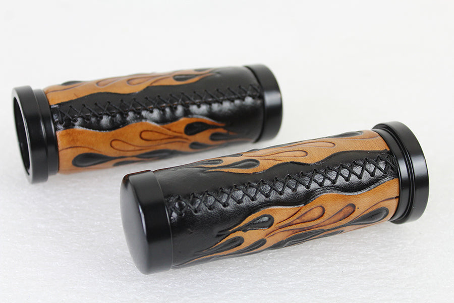 28-0892 - Amber Flame Style Throttle By Wire Grip Set with Black Ends by V-Twin