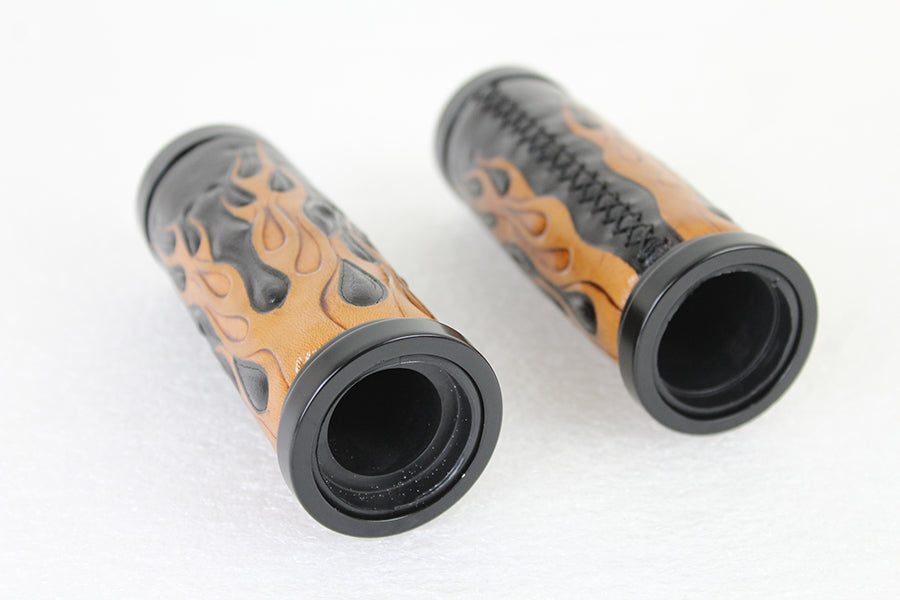 28-0892 - Amber Flame Style Throttle By Wire Grip Set with Black Ends by V-Twin