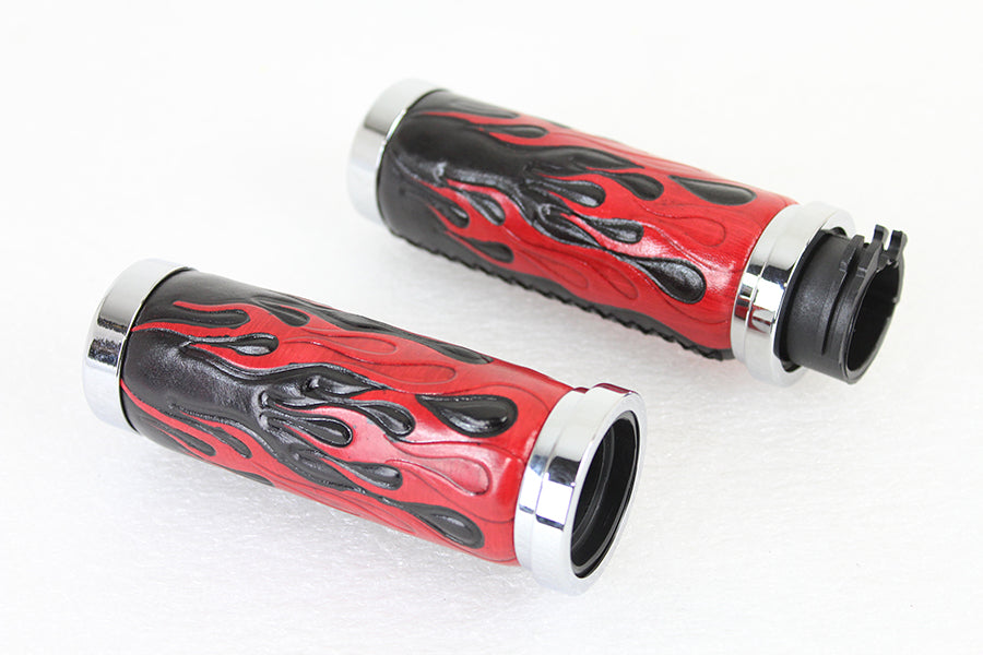 28-0893 - Red Flame Style Grip Set with Chrome Ends by V-Twin