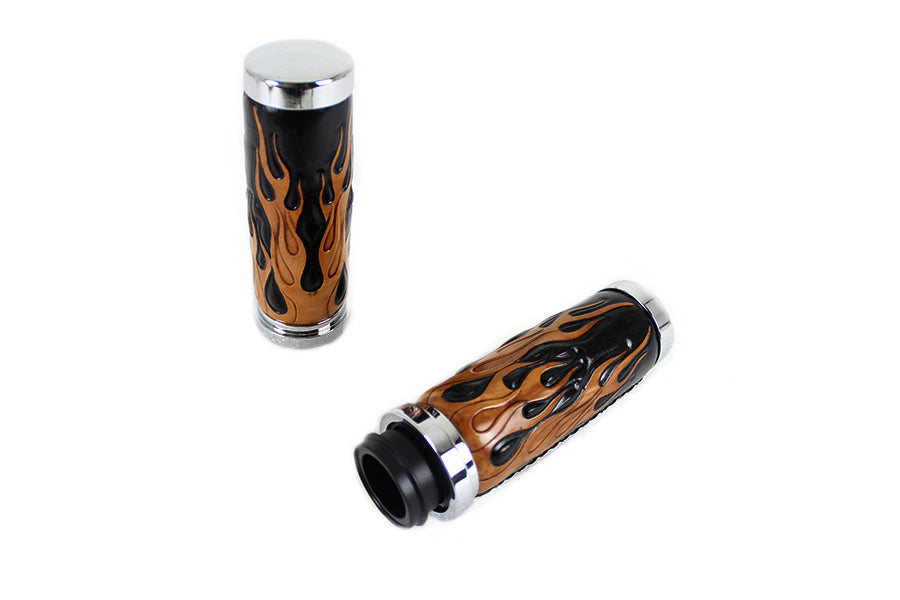 28-0899 - Amber Flame Style Throttle By Wire Grip Set with Chrome Ends by V-Twin