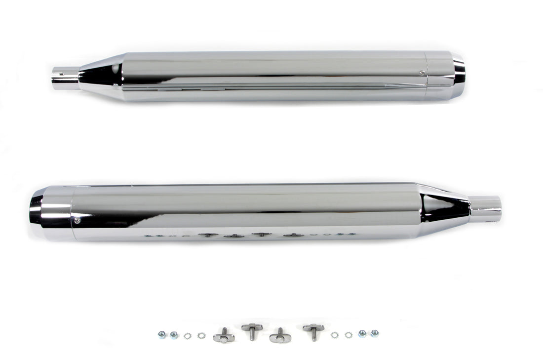 30-1413 - 4 inch Muffler Set with Chrome Long Type Tapered End Tips by V-Twin