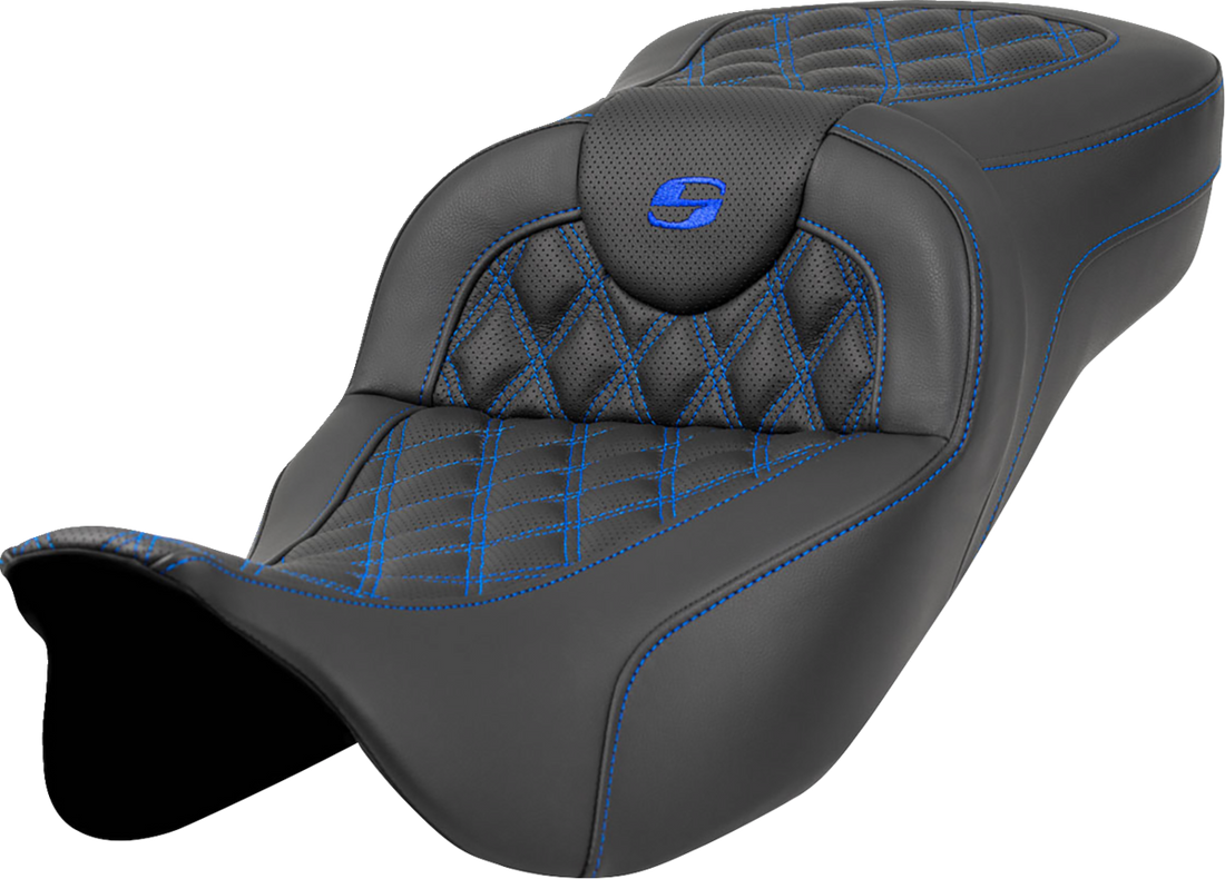 SADDLEMEN Extended Reach Roadsofa™ Seat - Lattice Stitch - Blue Stitch - without Backrest - FL '08-'24 808-07B-18401