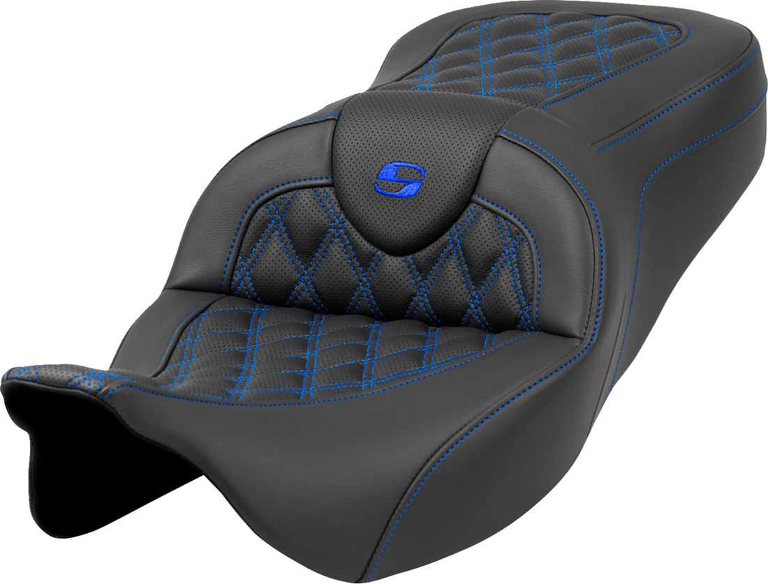 SADDLEMEN Roadsofa™ Seat - Lattice Stitch - Blue Stitch - without Backrest - FLH/FLT '08-'23 808-07B-18201