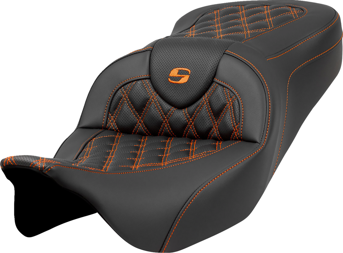 SADDLEMEN Roadsofa™ Seat - Lattice Stitch - Orange Stitch - without Backrest - FLH/FLT '08-'23 808-07B-18203