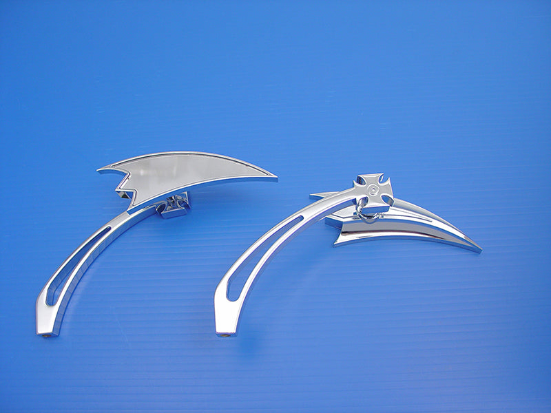34-0153 - Chrome Crescent Mirror Set with Billet Cross Head Stems by Wyatt Gatling