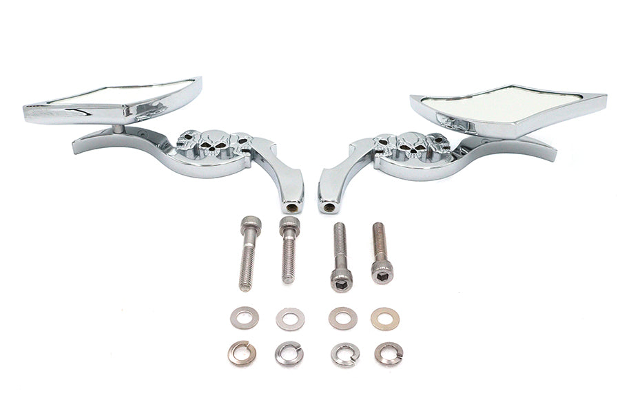 34-0760 - Diamond Shaped Mirror Set with Billet Tri Skull Stems by Wyatt Gatling