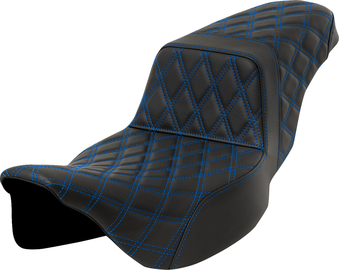 SADDLEMEN Step-Up Seat - Lattice Stitch - Blue Stitch - Extended Reach - FLH/FLT '08-'23 808-07E-17501