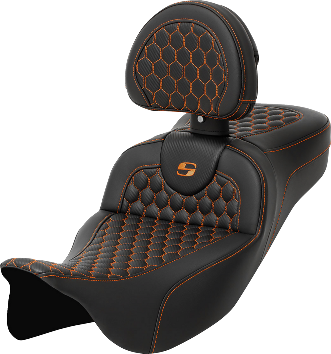 SADDLEMEN RoadSofa™ Seat - Honeycomb - Orange Stitch - with Backrest - Extended Reach - FLH/FLT '08-'24 808-07B-190B3