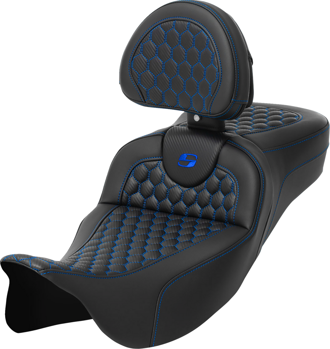 SADDLEMEN RoadSofa™ Seat - Honeycomb - Blue Stitch - with Backrest - Extended Reach - FLH/FLT '08-'24 808-07B-190B1