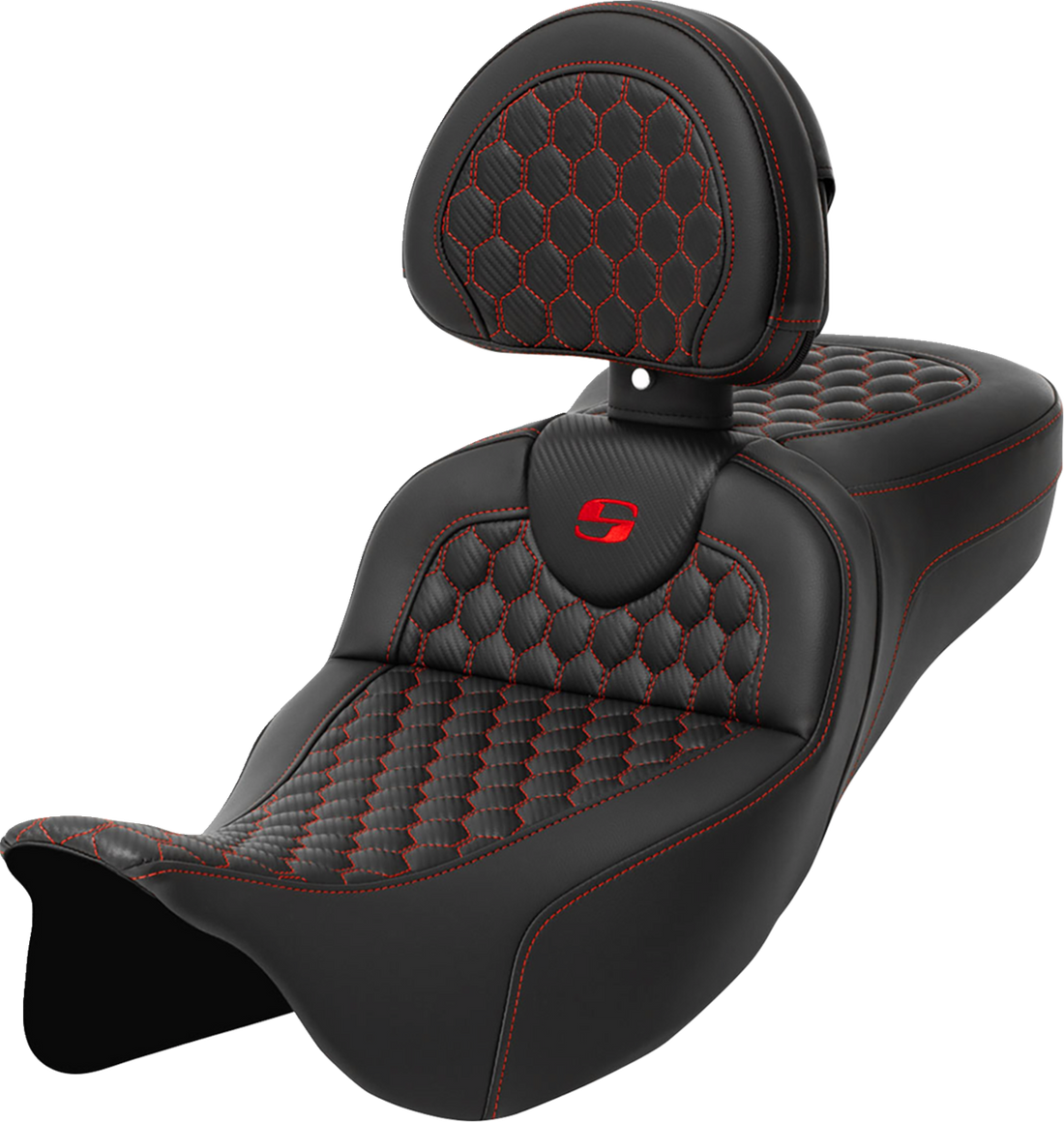 SADDLEMEN RoadSofa™ Seat - Honeycomb - Red Stitch - with Backrest - Extended Reach - FLH/FLT '08-'24 808-07B-190B4