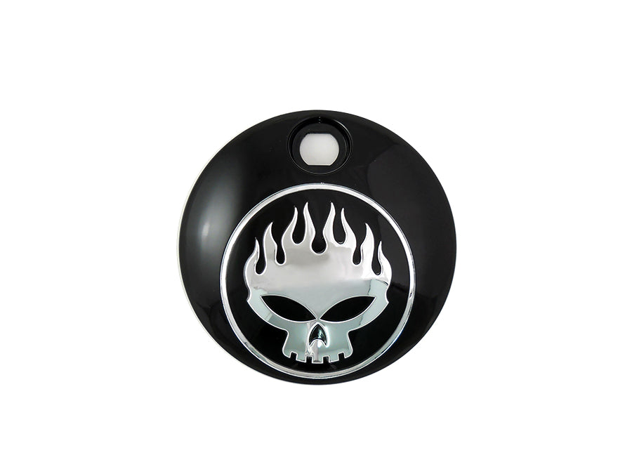 38-0602 - Black with Chrome Flame Skull FLT Fuel Tank Console Door by Wyatt Gatling