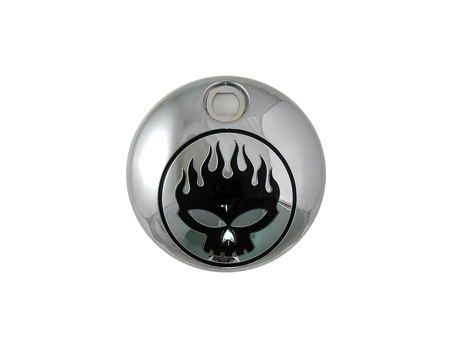 38-0603 - Chrome with Black Flame Skull FLT Fuel Tank Console Door by Wyatt Gatling