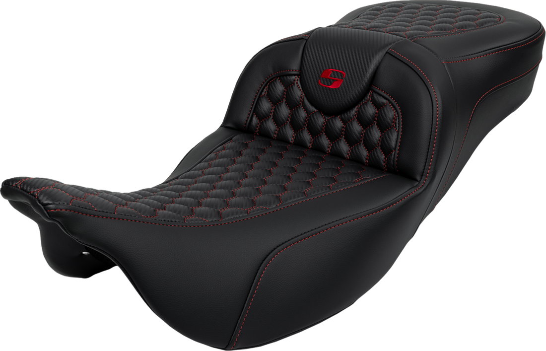 SADDLEMEN RoadSofa™ Seat - Honeycomb - Red Stitch - Extended Reach - without Backrest - FLH/FLT '08-'24 808-07B-19004
