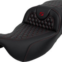 SADDLEMEN RoadSofa™ Seat - Honeycomb - Red Stitch - Extended Reach - without Backrest - FLH/FLT '08-'24 808-07B-19004