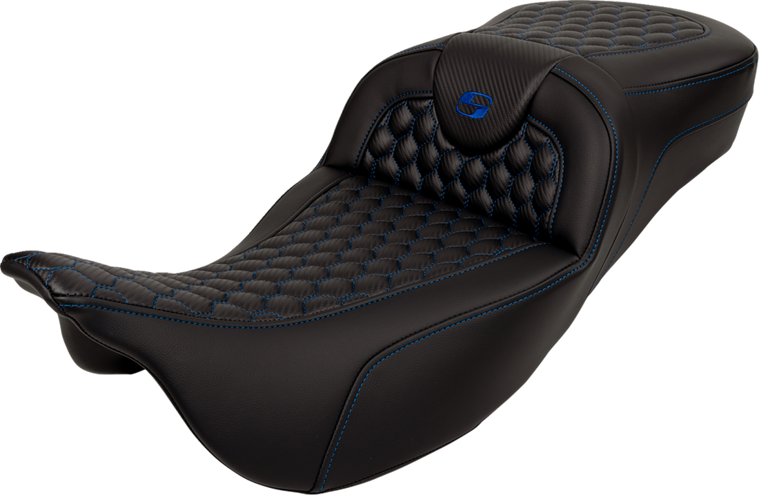 SADDLEMEN RoadSofa™ Seat - Honeycomb - Blue Stitch - Extended Reach - without Backrest - FLH/FLT '08-'24 808-07B-19001
