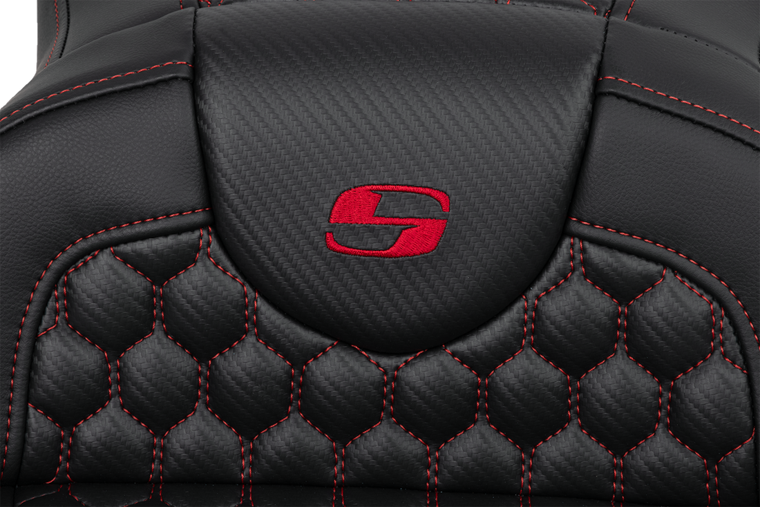 SADDLEMEN RoadSofa™ Seat - Honeycomb - Red Stitch - Extended Reach - without Backrest - FLH/FLT '08-'24 808-07B-19004