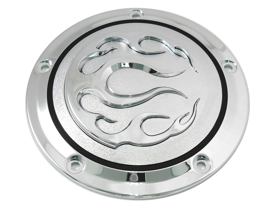 42-0466 - Chrome 5-Hole Flame Derby Cover by V-Twin