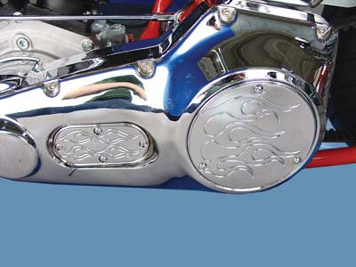 42-0817 - 3-Hole Flame Derby and Oval Inspection Set Chrome by V-Twin