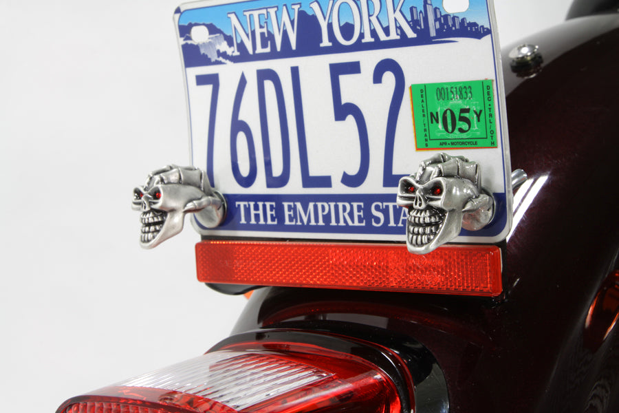 48-1620 - Skull with Skeleton Hand License Plate Topper Set by V-Twin