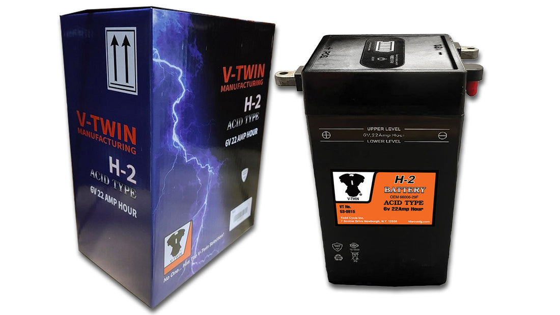 53-0915  H-2 6 Volt 22 Amp Knucklehead and Panhead Battery by V-Twin