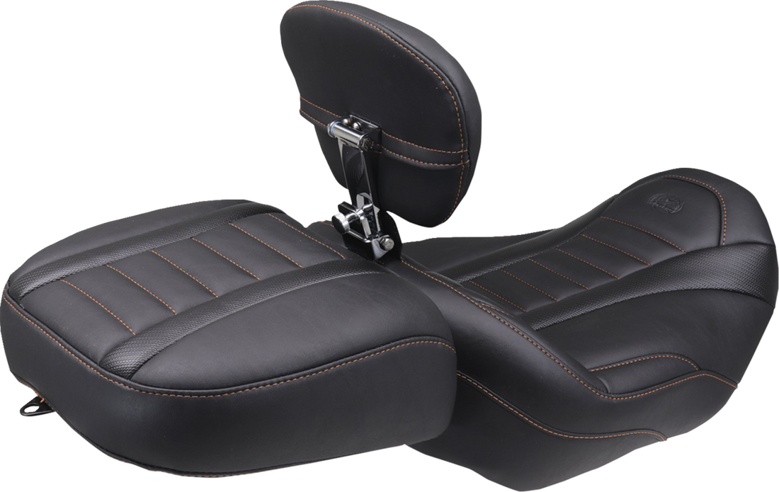 MUSTANG Deluxe Touring Solo Seat - w/ Backrest - Mandarin Orange Stitch - FLT/FLH '23-'25 89401MO