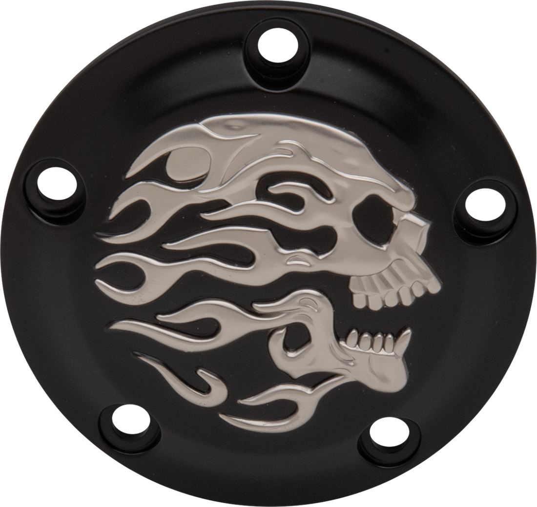 0940-1886 - DRAG SPECIALTIES Flaming Skull Points Cover - Matte Black/ Silver - Twin Cam I30-0219FSKBC