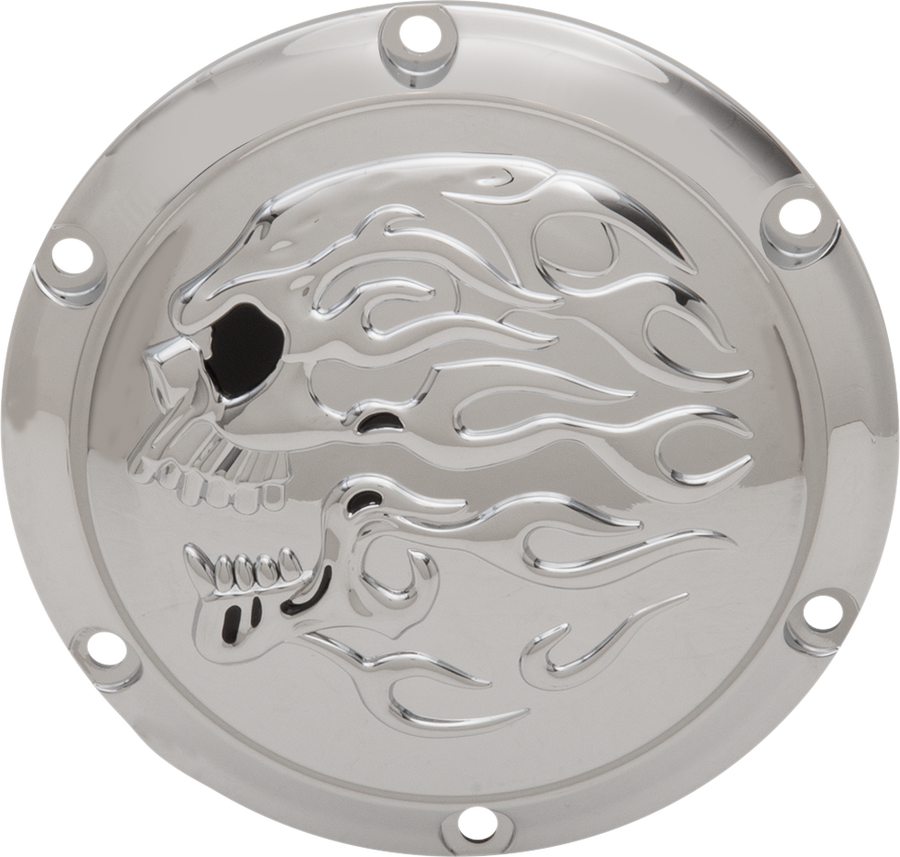 1107-0635 - DRAG SPECIALTIES Flaming Skull Derby Cover - Chrome D33-0113FSKC