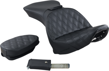 0802-1077 - SADDLEMEN Explorer Seat - With Backrest - Lattice Stitched - Black - FLSTS 800-23-030LS