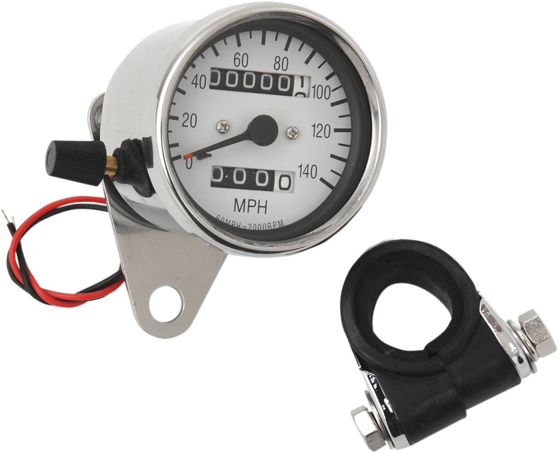 DS-243836 - DRAG SPECIALTIES 2.4" MPH Mini LED Mechanical Speedometer/Indicators/Trip - Chrome Housing - White Face - 2:1 21-6835-BX15