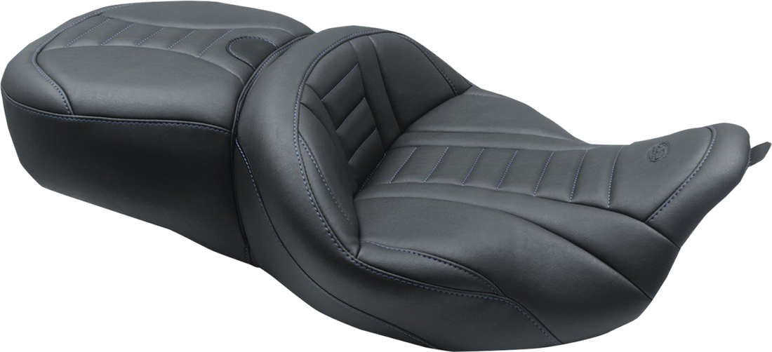 0801-1376 - MUSTANG One-Piece Deluxe Touring Seat - Black w/ Sky Blue Stitching 79006SB