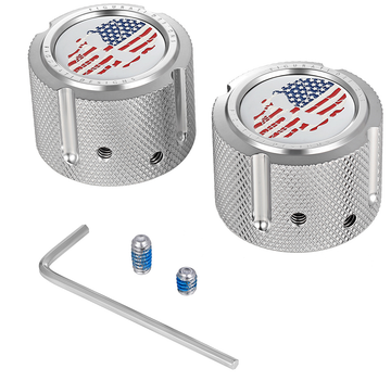 0214-2145 - FIGURATI DESIGNS Front Axle Nut Cover - Stainless Steel - Red/White/Blue Flag Skull FD24-FAC-SS