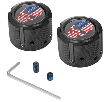 0214-2146 - FIGURATI DESIGNS Front Axle Nut Cover - Stainless Steel - Black w/Red/White/Blue Flag Skull FD25-FAC-BK