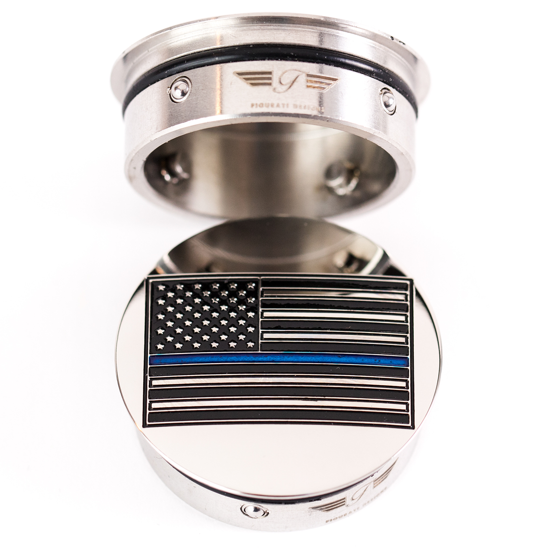 1303-0371 - FIGURATI DESIGNS Swing Arm Covers - Blue Line American Flag - Custom - Reversed FD70-ABFL-SS