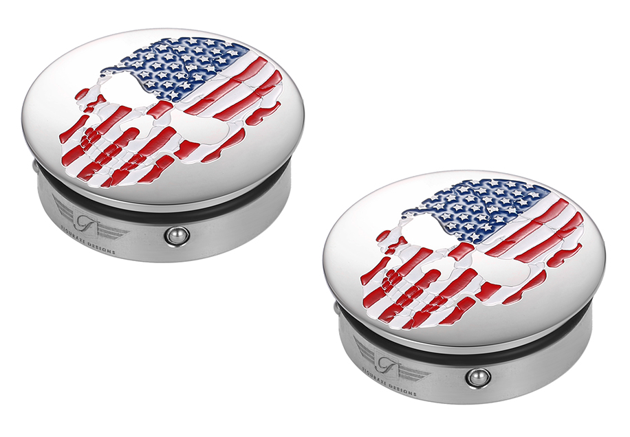 1303-0360 - FIGURATI DESIGNS Swing Arm Covers - Red/White/Blue Flag Skull FD24-AFSKULL-SS