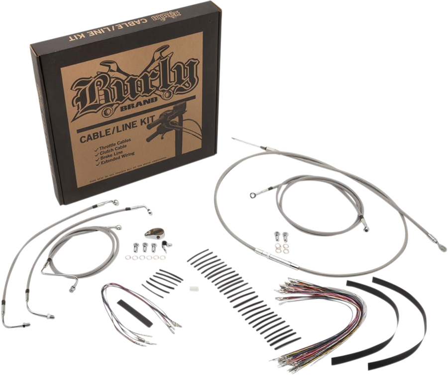 0610-0813 - BURLY BRAND Handlebar Cable/Brake Line Kit - Complete - 15" Ape Hanger Handlebars - Stainless Steel B30-1105