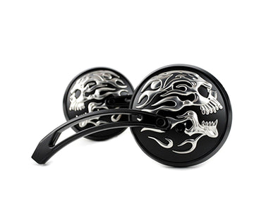 34-0014 - Round Skull and Flame Mirror Set with Curved Stems Black