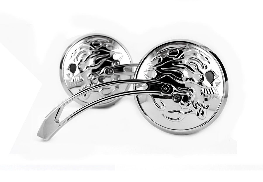34-1414 - Round Skull and Flame Mirror Set with Curved Stems Chrome