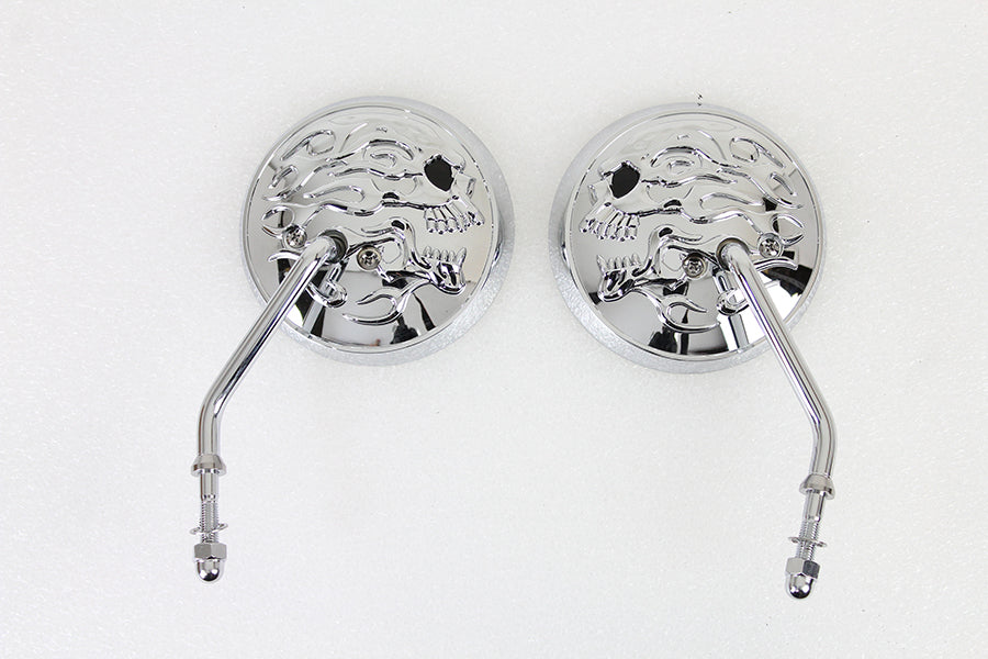34-1415 - Round Skull and Flame Mirror Set with One Piece Stems Chrome