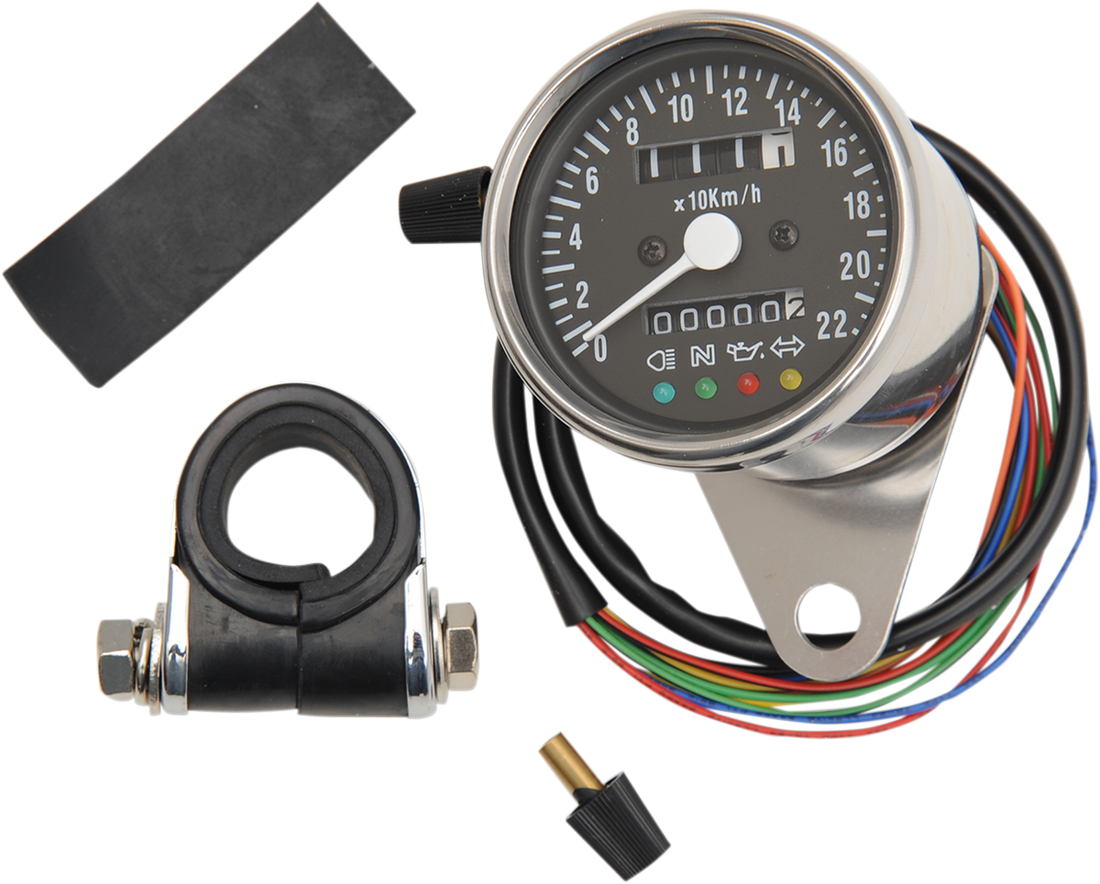 2210-0207 - DRAG SPECIALTIES KPH Mini Mechanical Speedometer with LED Indicators - Black Face - 2:1 Ratio - 2.4" 21-6818LEDPB