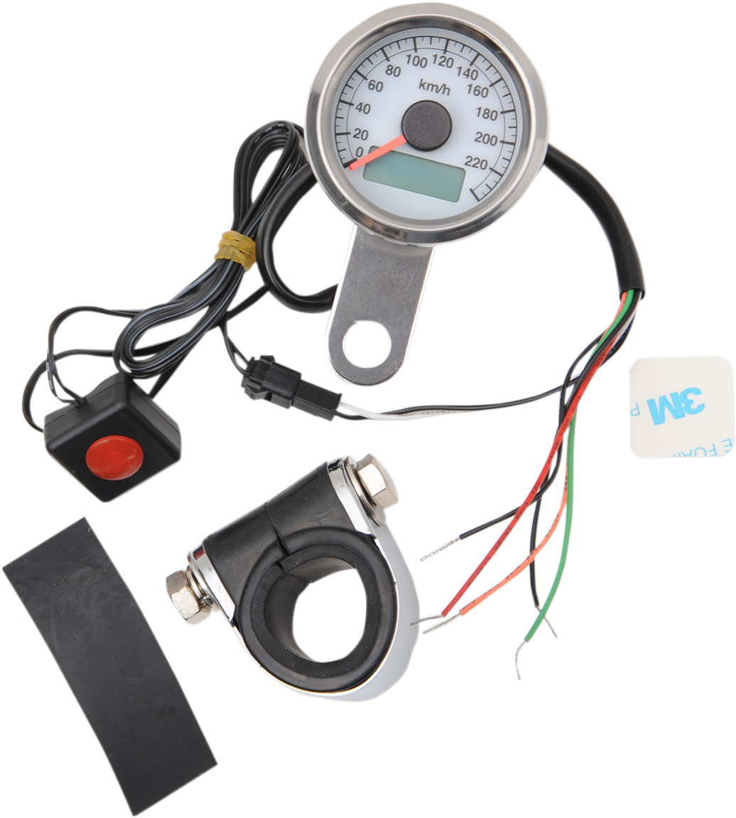 2210-0325 - DRAG SPECIALTIES 1.87" KM/H Programmable Mini Electronic Speedometer with Odometer/Tripmeter - Polished - White Face 21-6899AWDS