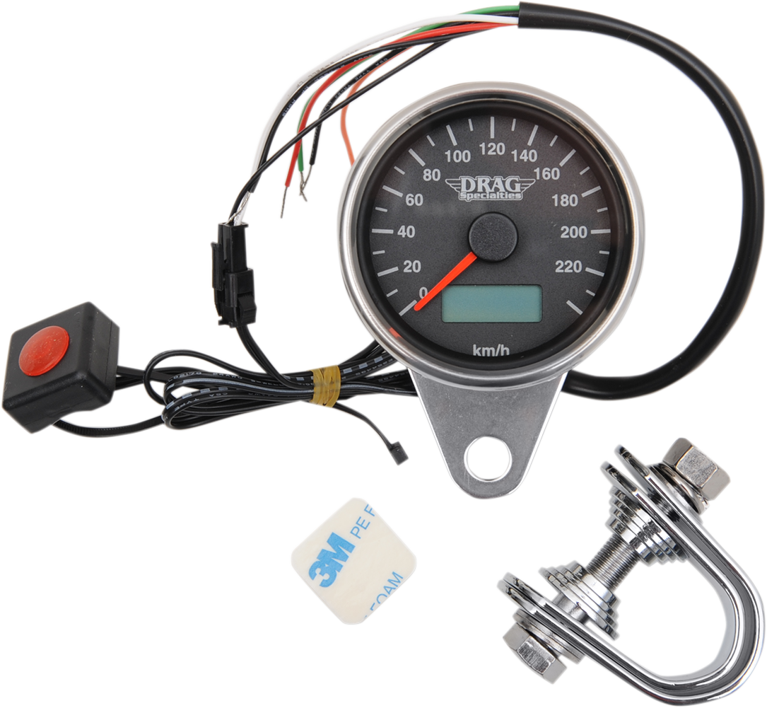 2210-0326 - DRAG SPECIALTIES 2.4" KMH Programmable Mini Electronic Speedometer with Odometer/Tripmeter - Matte Black - Black Face 21-6895ADS