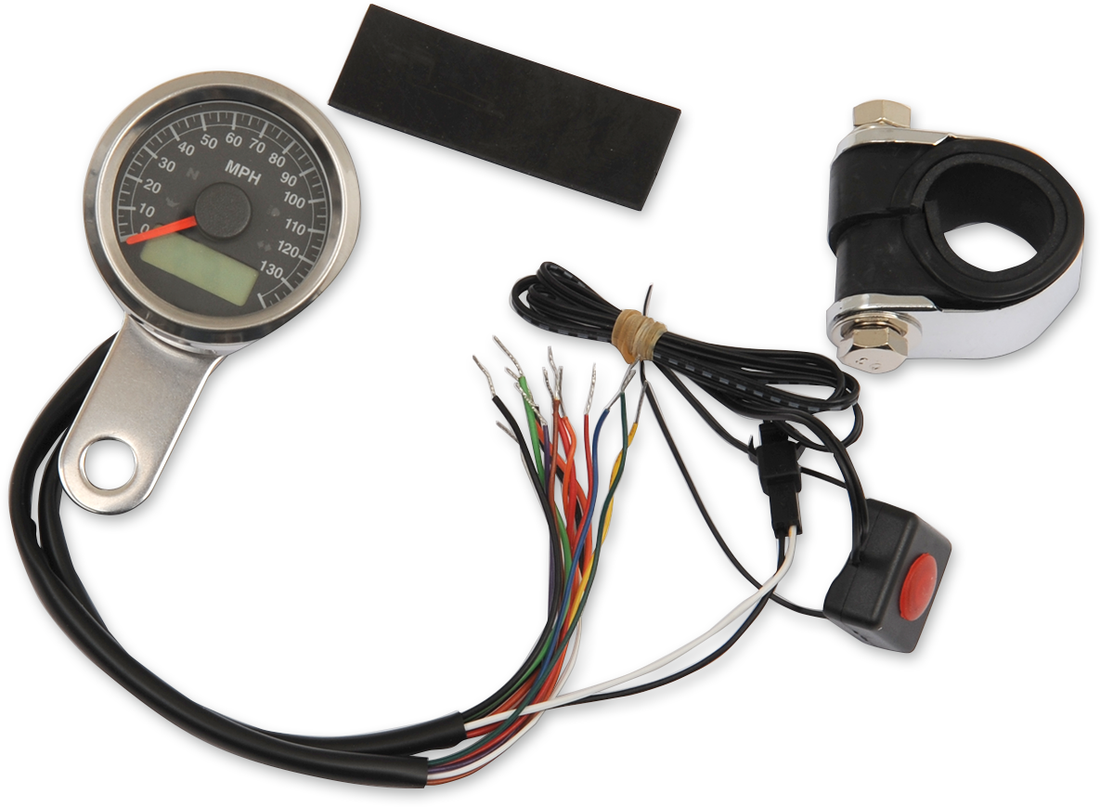 2210-0416 - DRAG SPECIALTIES Programmable Speedometer with Indicator Lights - Stainless Steel - 120 MPH LED Black Face - 1-7/8" 77759